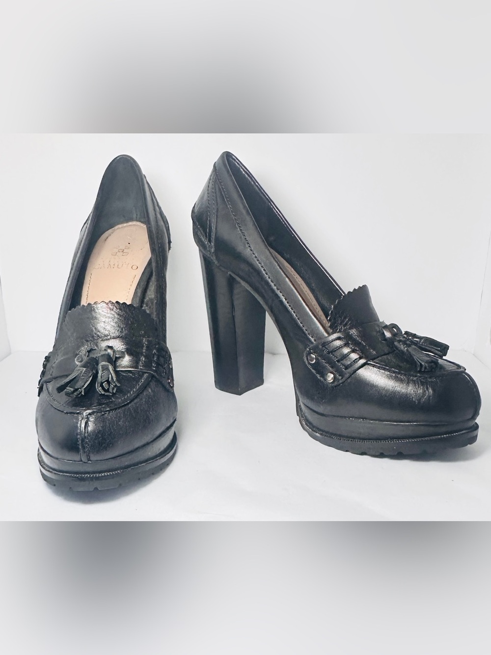 Vince Camuto Black Leather Tassel Loafer Heels